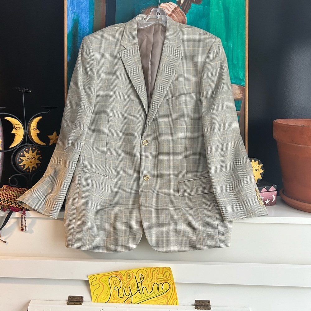 Claiborne Green Tan Silk Wool Micro tooth Check Jacket Sport Coat Blazer 42R
